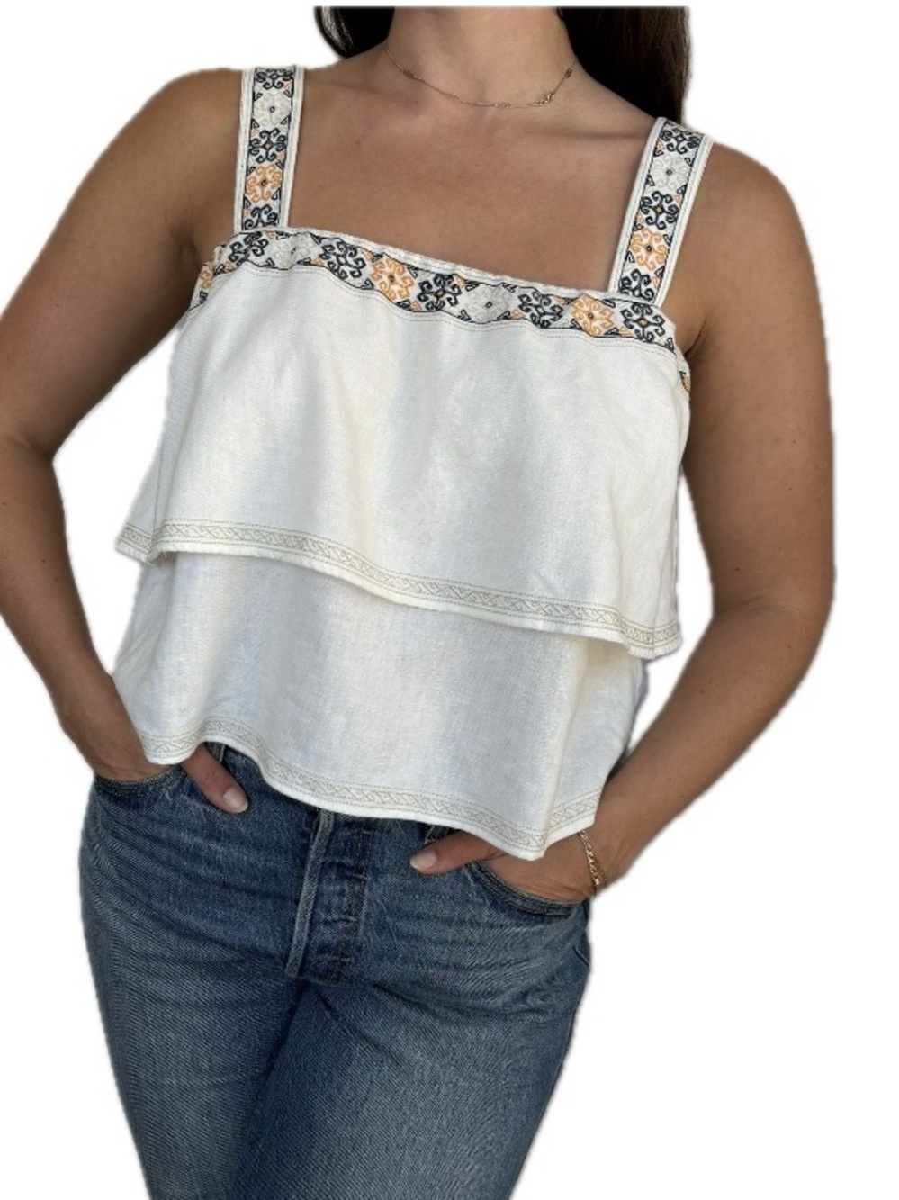 Madewell Anita Tiered Embroidered Linen Blend Tank Top - Cream Boho - Size M